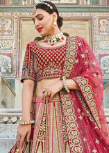 Load image into Gallery viewer, Maroon Red Velvet Lehenga Choli with Heavy Embroidery Work