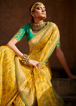 Load image into Gallery viewer, Cyber Yellow Woven Banarasi Silk Saree with Embroidered Blouse