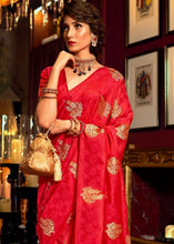 Laden Sie das Bild in den Galerie-Viewer, Scarlet Red Satin Woven Silk Saree with overall Golden Buti