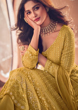 Load image into Gallery viewer, Mustard Yellow Georgette Front Slit Cut lehenga Suit with Embroidery work