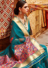 Cargar imagen en el visor de la galería, Pine Green Linen Silk Saree with Colorful Weaving work