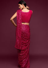 Laden Sie das Bild in den Galerie-Viewer, Magenta Pink Sequins &amp; Thread Embroidered Designer Georgette Saree