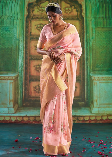 Flamingo Pink Zari Woven Linen Silk Saree Having Floral Digital Print