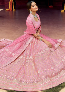 Taffy Pink Organza Lehenga Choli with Zarkan, Gota, Resham & Zari work