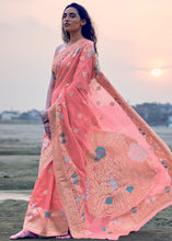 Cargar imagen en el visor de la galería, Punch Pink Woven Linen Silk Saree with Floral Motif on Pallu and Border