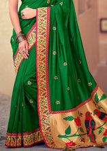 Carica l&#39;immagine nel visualizzatore Galleria,Forest Green Woven Paithani Banarasi Silk Saree with Swarovski work &amp; Embroidered Blouse