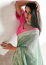 Carica l&#39;immagine nel visualizzatore Galleria,Viridian Green Soft Linen Silk Saree with Lucknowi work and Sequence Blouse