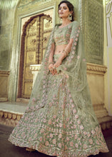 Laden Sie das Bild in den Galerie-Viewer, Olive Green Soft Net Lehenga Choli with Sequins, Thread, Zari &amp; Dori work