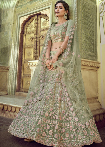 Olive Green Soft Net Lehenga Choli with Sequins, Thread, Zari & Dori work