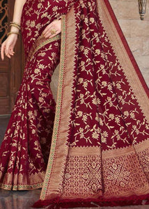 Garnet Red Zari Woven Banarasi Silk Saree with Brocade Blouse