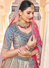 Cargar imagen en el visor de la galería, Blue &amp; Grey Velvet Lehenga Choli with Heavy Embroidery Work
