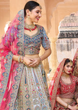Cargar imagen en el visor de la galería, Blue &amp; Grey Velvet Lehenga Choli with Heavy Embroidery Work