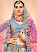 Cargar imagen en el visor de la galería, Blue &amp; Grey Velvet Lehenga Choli with Heavy Embroidery Work