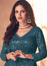 Load image into Gallery viewer, Yale Blue Georgette Front Slit Cut Lehenga Suit with Embroidery work