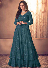 Load image into Gallery viewer, Yale Blue Georgette Front Slit Cut Lehenga Suit with Embroidery work