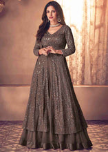 Load image into Gallery viewer, Cedar Brown Georgette Front Slit Cut Leheng a Suit with Embroidery work