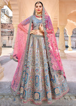 Cargar imagen en el visor de la galería, Blue &amp; Grey Velvet Lehenga Choli with Heavy Embroidery Work