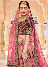 Load image into Gallery viewer, Pink &amp; Red Velvet Lehenga Choli with Heavy Embroidery Work