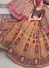 Load image into Gallery viewer, Orange &amp; Red Velvet Lehenga Choli with Heavy Embroidery Work