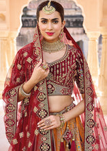 Load image into Gallery viewer, Orange &amp; Red Velvet Lehenga Choli with Heavy Embroidery Work
