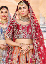 Load image into Gallery viewer, Orange &amp; Red Velvet Lehenga Choli with Heavy Embroidery Work