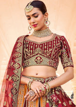 Load image into Gallery viewer, Orange &amp; Red Velvet Lehenga Choli with Heavy Embroidery Work