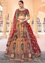 Load image into Gallery viewer, Orange &amp; Red Velvet Lehenga Choli with Heavy Embroidery Work