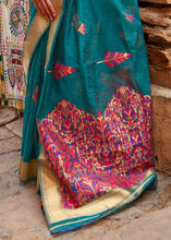 Cargar imagen en el visor de la galería, Pine Green Linen Silk Saree with Colorful Weaving work