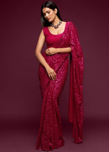 Cargar imagen en el visor de la galería, Magenta Pink Sequins &amp; Thread Embroidered Designer Georgette Saree