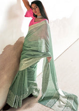 Laden Sie das Bild in den Galerie-Viewer, Viridian Green Soft Linen Silk Saree with Lucknowi work and Sequence Blouse