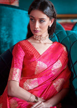 Load image into Gallery viewer, Hot Pink Satin Silk Saree with overall Golden Butti