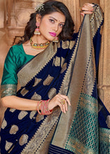 Laden Sie das Bild in den Galerie-Viewer, Denim Blue Zari Woven Soft Silk Saree with overall Butti work