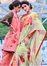 Laden Sie das Bild in den Galerie-Viewer, Chinoise Green Floral Handprinted Organza Silk Saree