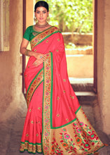 Cargar imagen en el visor de la galería, Raspberry Pink Woven Paithani Banarasi Silk Saree with Swarovski work &amp; Embroidered Blouse