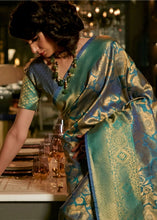 Load image into Gallery viewer, Golden and Blue Blend Kanjivaram Silk Saree