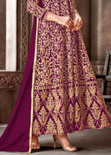 Laden Sie das Bild in den Galerie-Viewer, Magenta Designer Net Anarkali Suit with Full Thread Embroidery Work