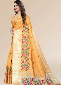 Golden Yellow Organza Silk Saree with Tassels on Pallu