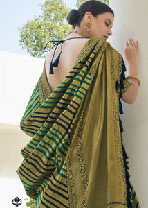 Navy Blue & Green Striped Woven Banarasi Silk Saree