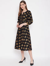 Load image into Gallery viewer, Front neck and waist tucks with baloon sleeve printed dress