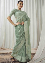 Load image into Gallery viewer, Dark Celadon Green Woven Chikankari Linen Saree
