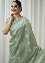 Load image into Gallery viewer, Dark Celadon Green Woven Chikankari Linen Saree