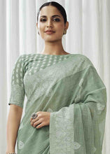 Load image into Gallery viewer, Dark Celadon Green Woven Chikankari Linen Saree