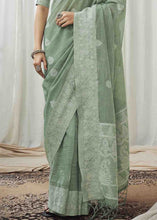 Load image into Gallery viewer, Dark Celadon Green Woven Chikankari Linen Saree
