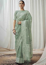Load image into Gallery viewer, Dark Celadon Green Woven Chikankari Linen Saree
