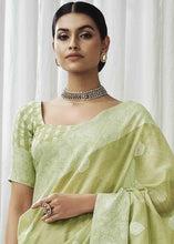 Load image into Gallery viewer, Pear Green Woven Chikankari Linen Saree