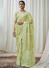 Load image into Gallery viewer, Pear Green Woven Chikankari Linen Saree