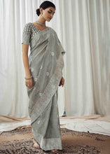 Load image into Gallery viewer, Seal Grey Woven Chikankari Linen Saree