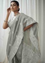 Load image into Gallery viewer, Seal Grey Woven Chikankari Linen Saree