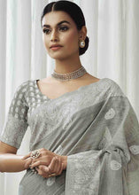 Load image into Gallery viewer, Seal Grey Woven Chikankari Linen Saree