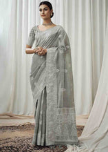 Load image into Gallery viewer, Seal Grey Woven Chikankari Linen Saree